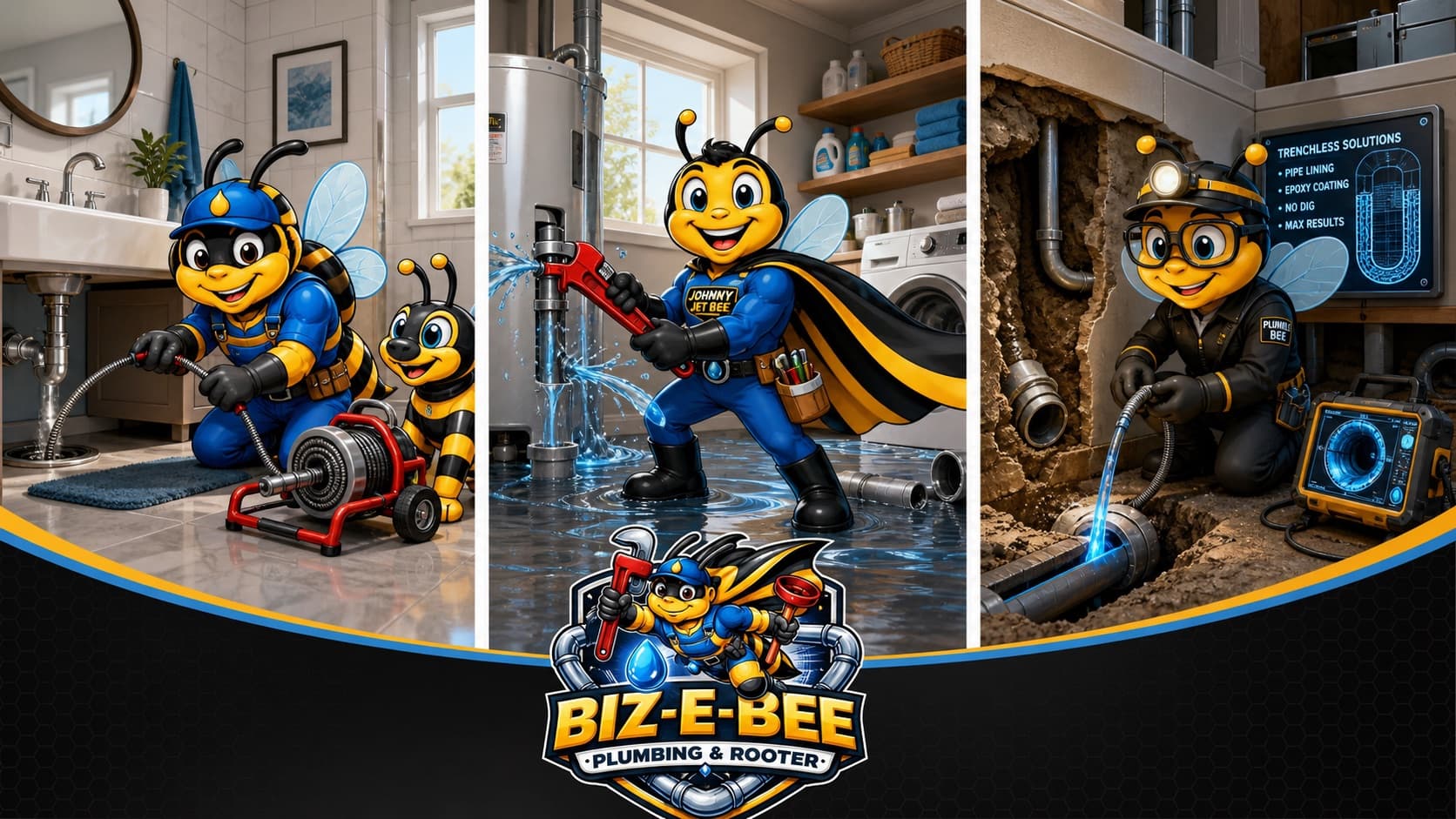 Biz-E-Bee crew in action: drain cleaning, water heater service, and trenchless sewer repair