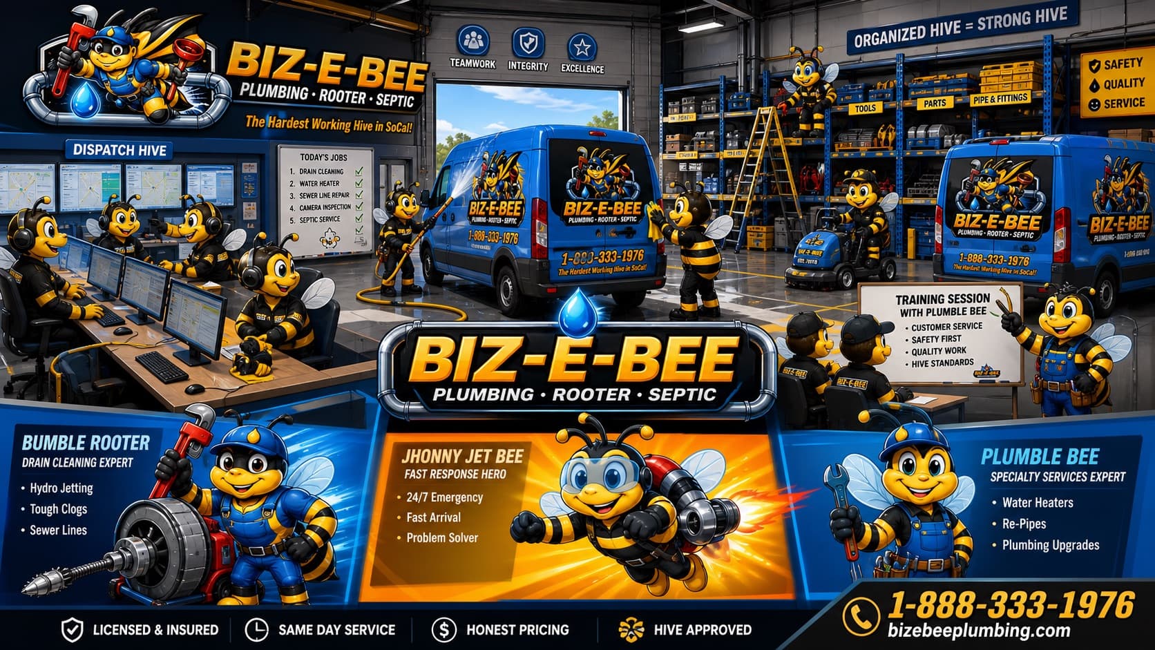The full Biz-E-Bee Hive — Bumble Rooter, Johnny Jet Bee, and Plumble Bee with the branded van and warehouse