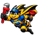 Johnny Jet Bee, the caped Biz-E-Bee mascot, suited up for 24/7 emergency plumbing calls