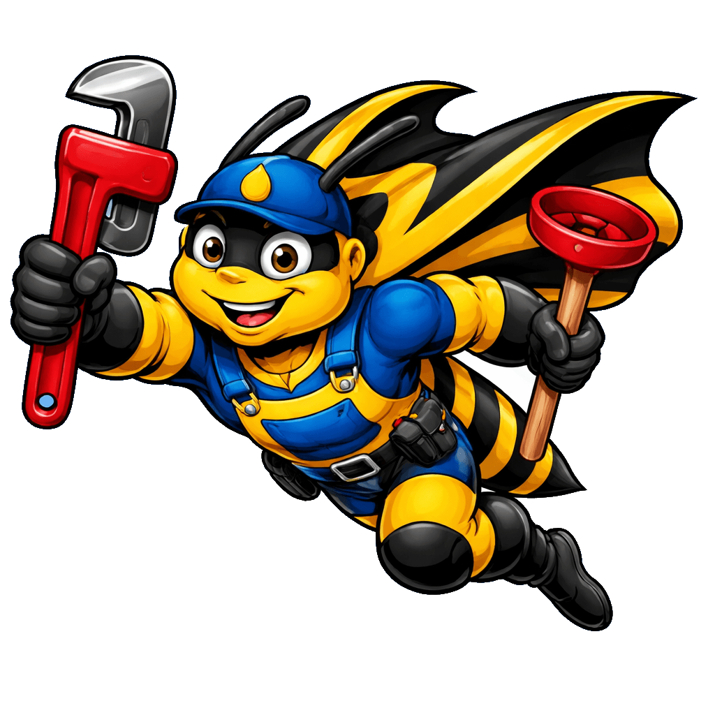 Johnny Jet Bee, the caped Biz-E-Bee mascot, ready for 24/7 emergency plumbing calls